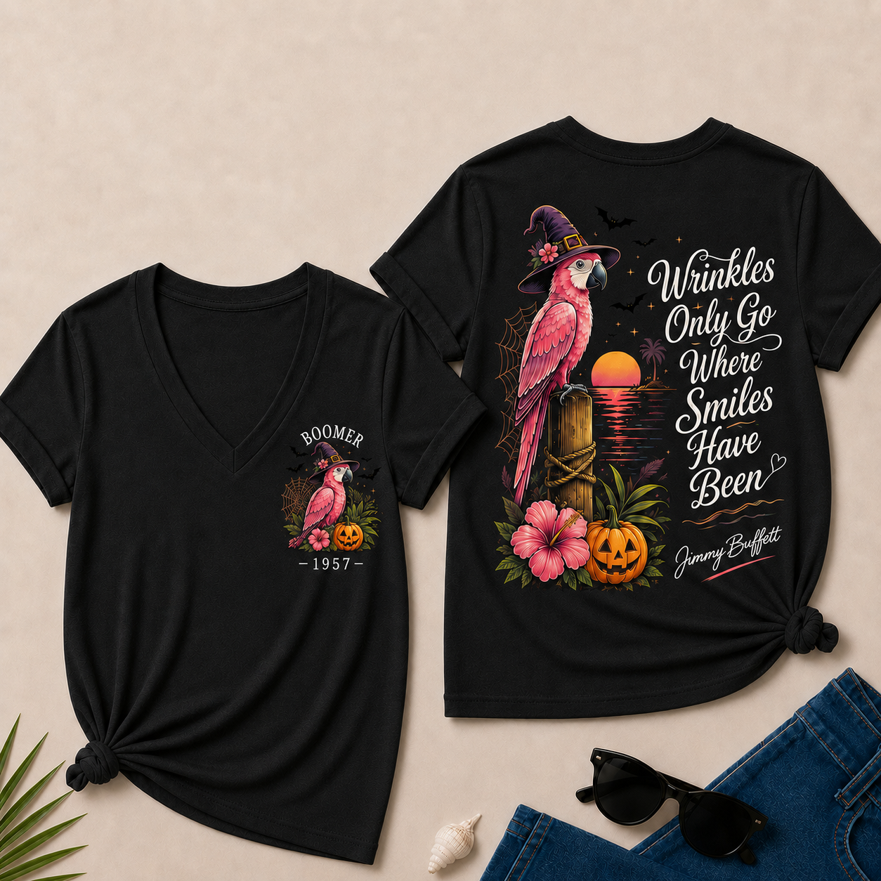 Custom Year Shirt — BOOMER. [YOUR YEAR] |Halloween Wrinkles Only Go Where Smiles Have Been – Jimmy Buffett Tribute V-Neck T-Shirt