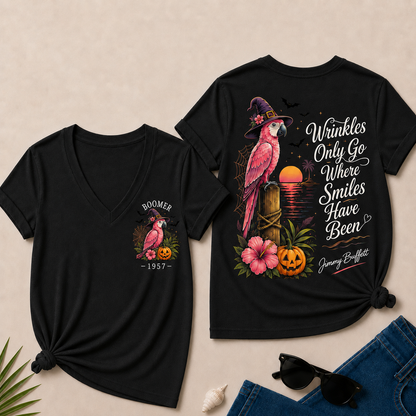 Custom Year Shirt — BOOMER. [YOUR YEAR] |Halloween Wrinkles Only Go Where Smiles Have Been – Jimmy Buffett Tribute V-Neck T-Shirt