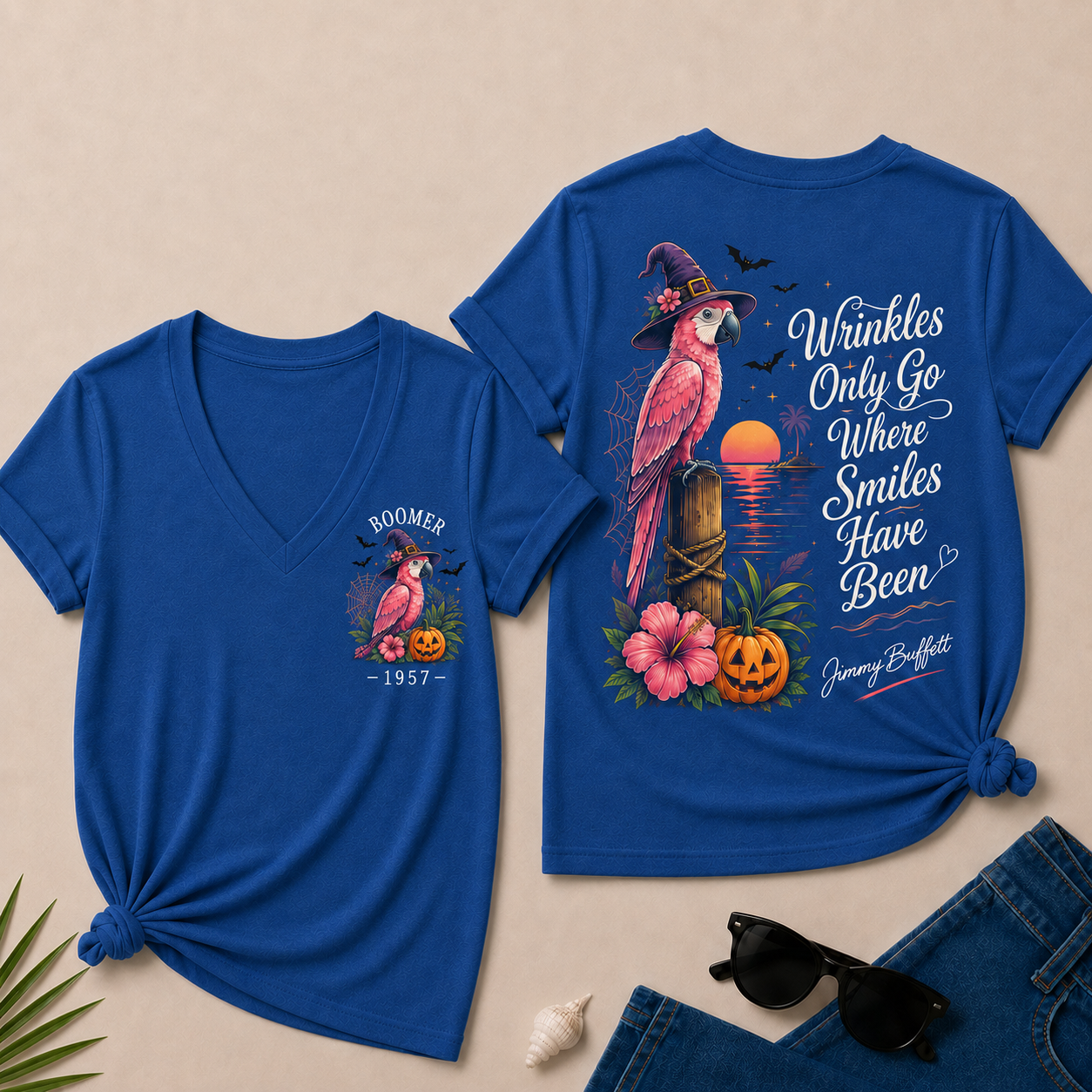 Custom Year Shirt — BOOMER. [YOUR YEAR] |Halloween Wrinkles Only Go Where Smiles Have Been – Jimmy Buffett Tribute V-Neck T-Shirt