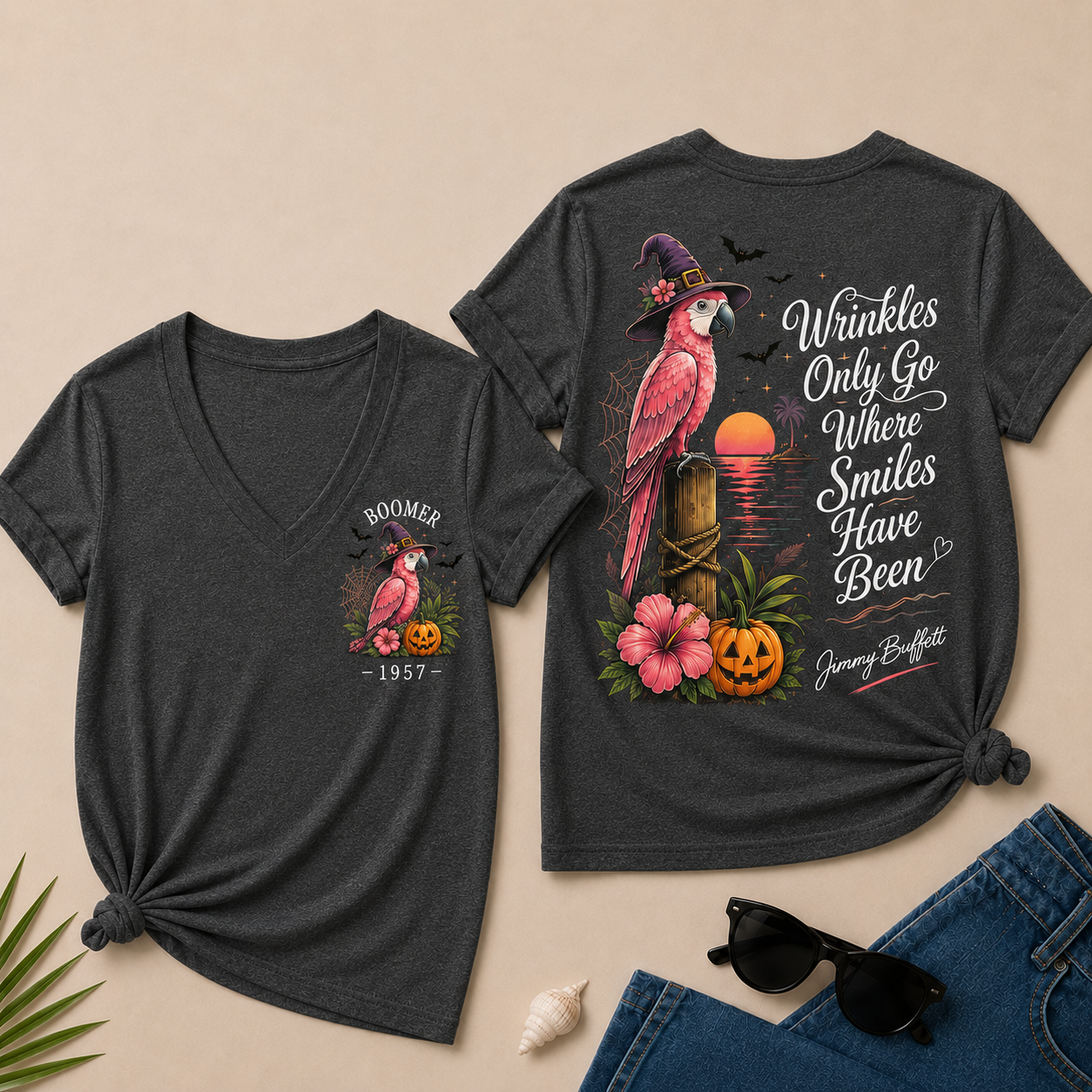 Custom Year Shirt — BOOMER. [YOUR YEAR] |Halloween Wrinkles Only Go Where Smiles Have Been – Jimmy Buffett Tribute V-Neck T-Shirt