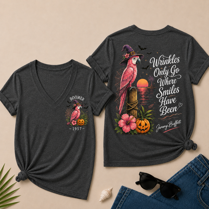 Custom Year Shirt — BOOMER. [YOUR YEAR] |Halloween Wrinkles Only Go Where Smiles Have Been – Jimmy Buffett Tribute V-Neck T-Shirt