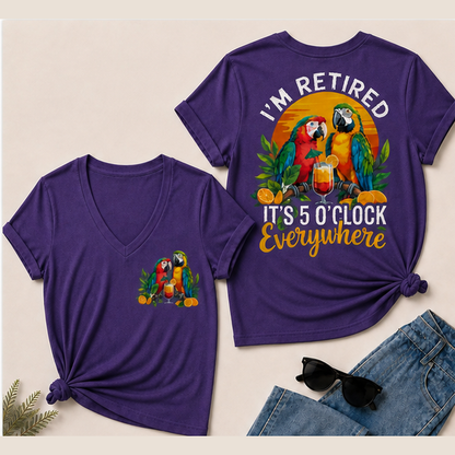 I'm Retired It's 5 O'clock Everywhere Parrot Print Casual V-Neck T-Shirt