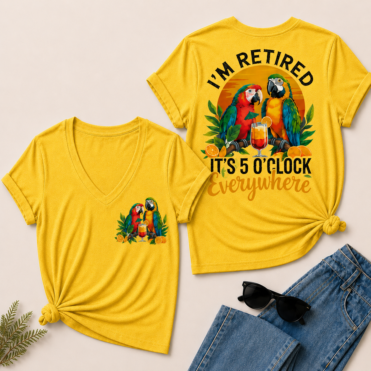 I'm Retired It's 5 O'clock Everywhere Parrot Print Casual V-Neck T-Shirt