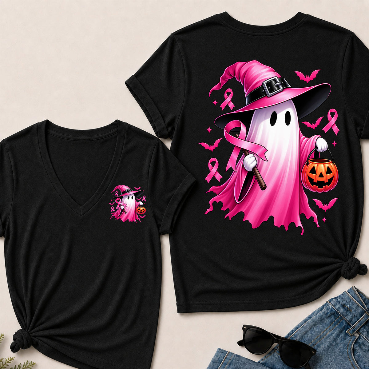 In October We Wear Pink Halloween Ghost Breast Cancer Awareness V-Neck T-Shirt