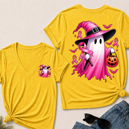 In October We Wear Pink Halloween Ghost Breast Cancer Awareness V-Neck T-Shirt