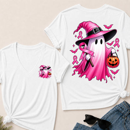 In October We Wear Pink Halloween Ghost Breast Cancer Awareness V-Neck T-Shirt