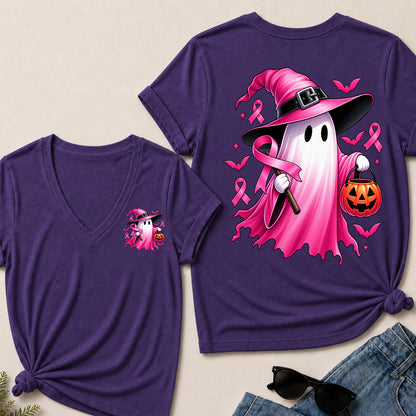In October We Wear Pink Halloween Ghost Breast Cancer Awareness V-Neck T-Shirt