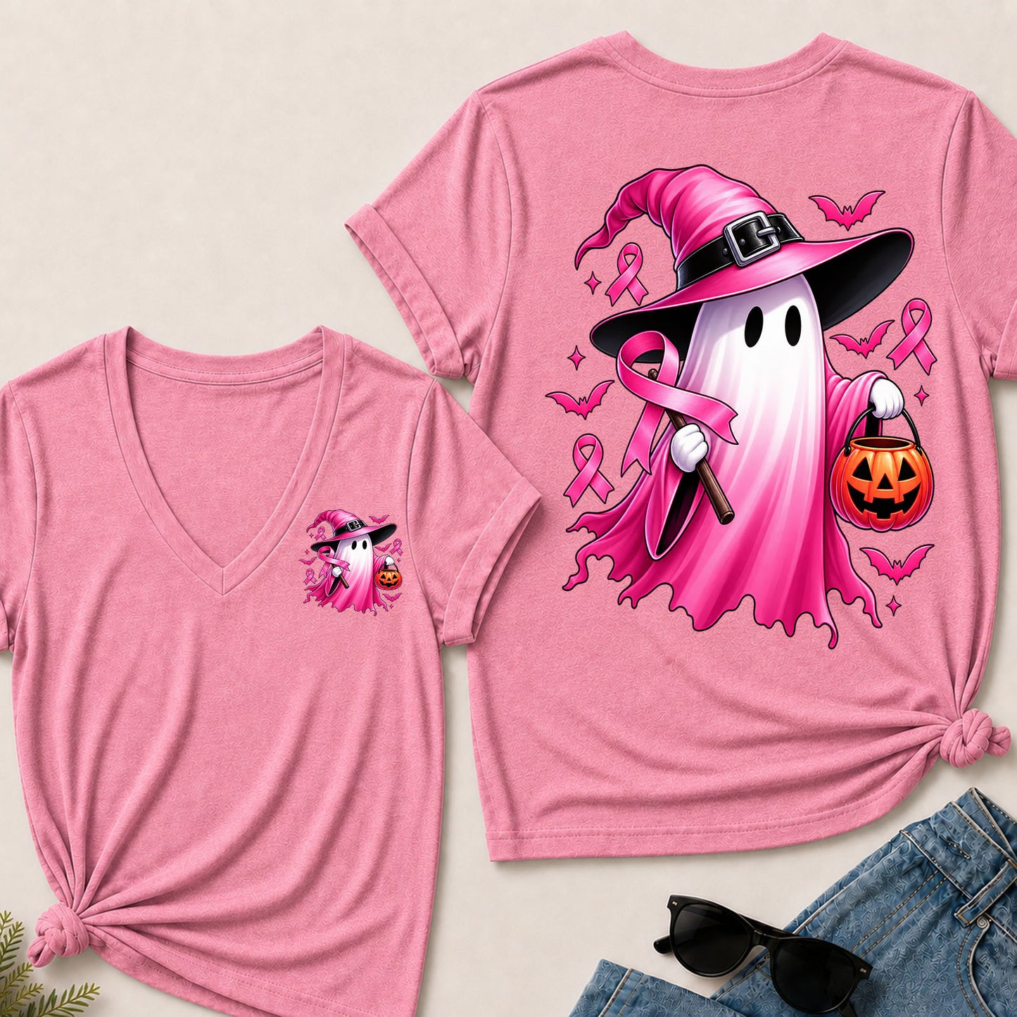 In October We Wear Pink Halloween Ghost Breast Cancer Awareness V-Neck T-Shirt