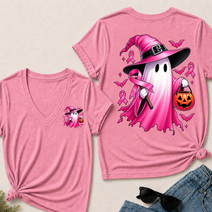 In October We Wear Pink Halloween Ghost Breast Cancer Awareness V-Neck T-Shirt