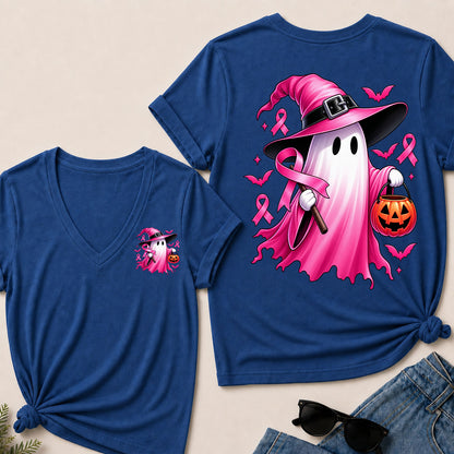 In October We Wear Pink Halloween Ghost Breast Cancer Awareness V-Neck T-Shirt
