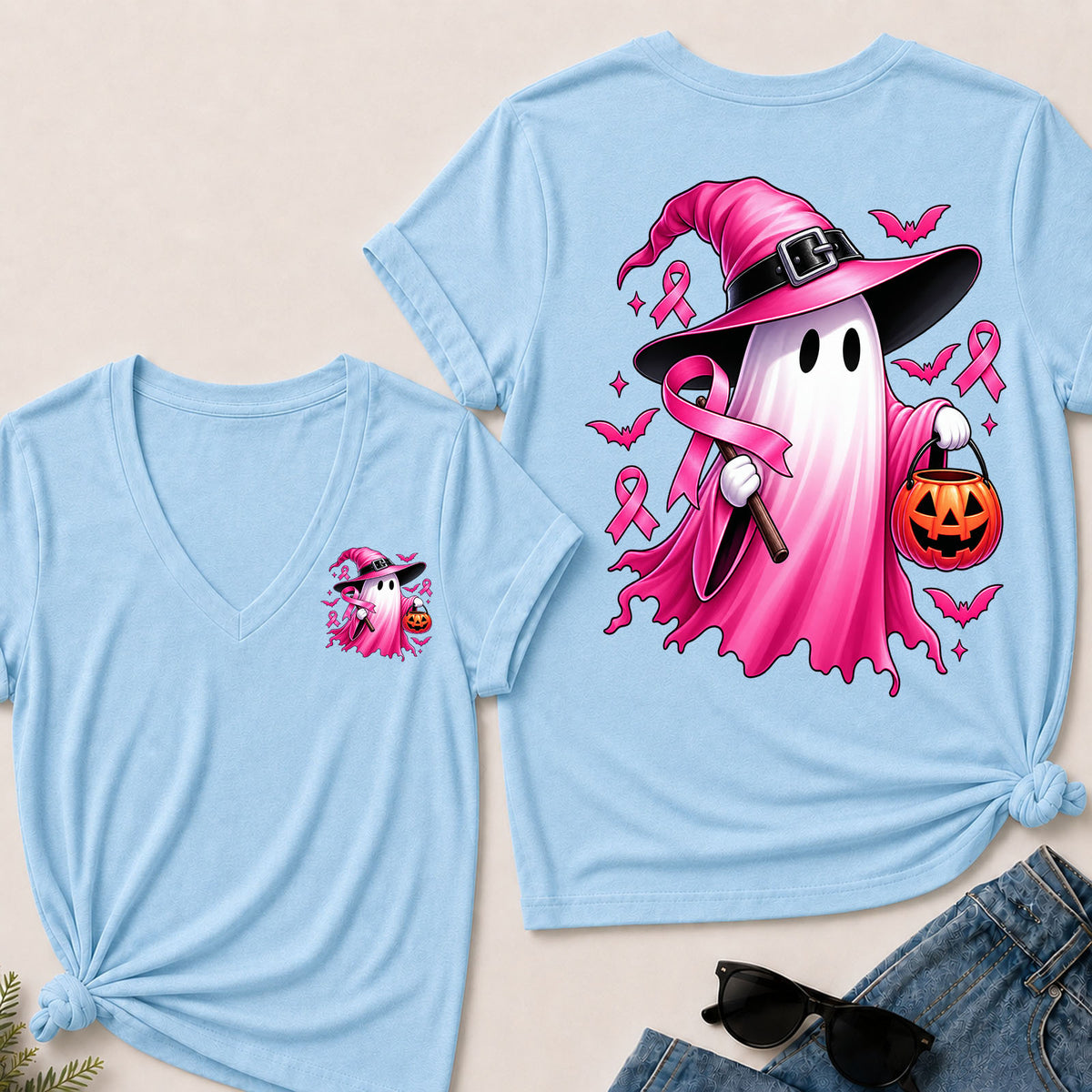In October We Wear Pink Halloween Ghost Breast Cancer Awareness V-Neck T-Shirt