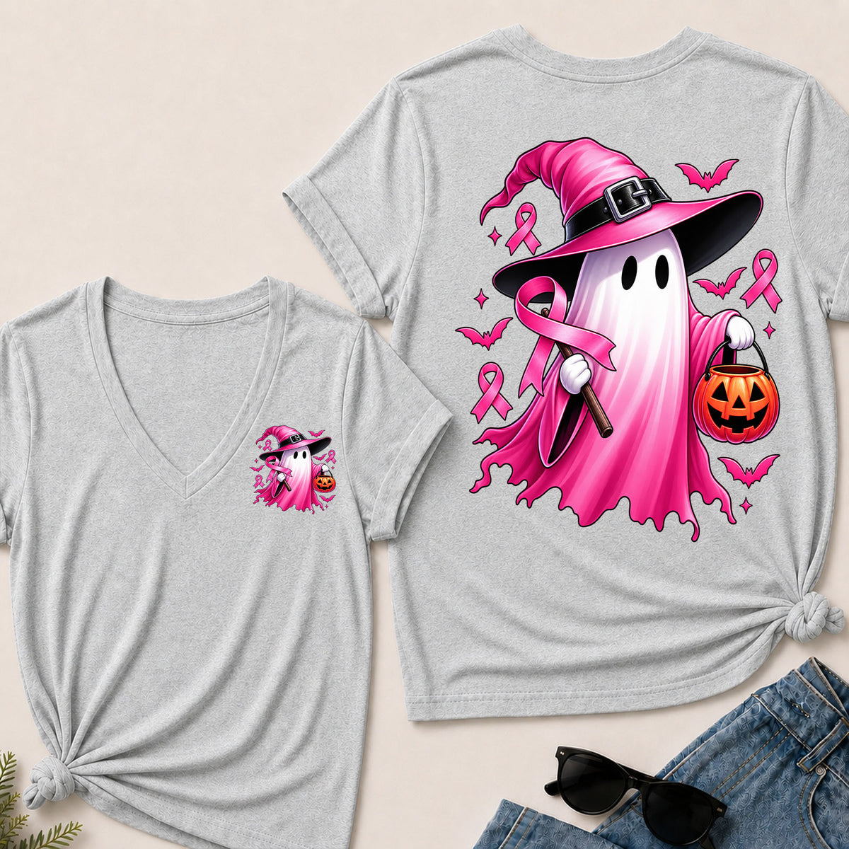 In October We Wear Pink Halloween Ghost Breast Cancer Awareness V-Neck T-Shirt