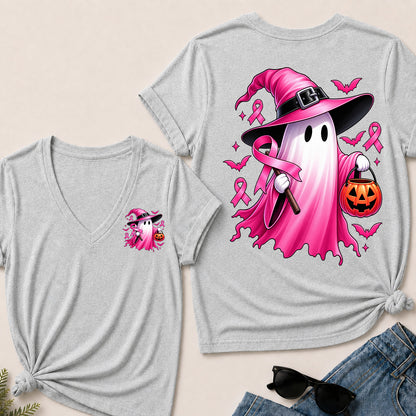 In October We Wear Pink Halloween Ghost Breast Cancer Awareness V-Neck T-Shirt
