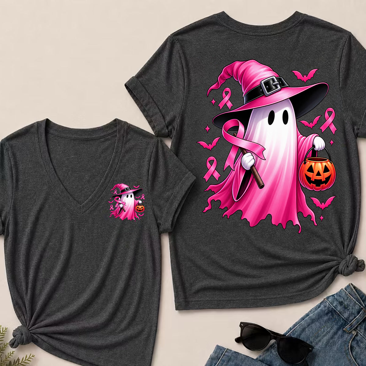In October We Wear Pink Halloween Ghost Breast Cancer Awareness V-Neck T-Shirt