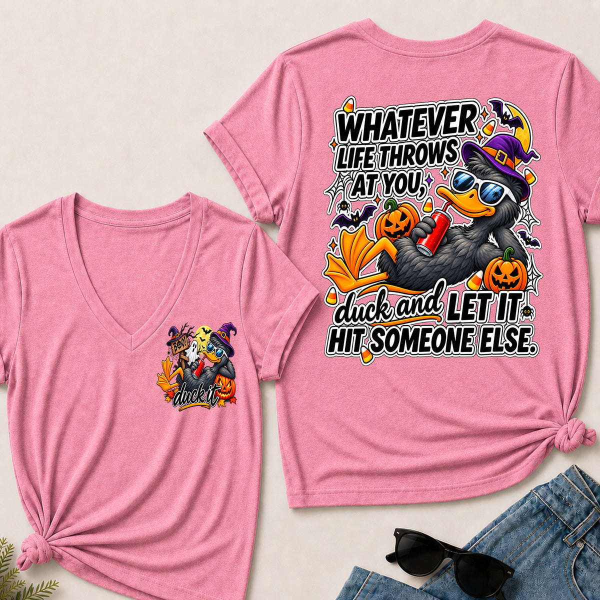 Halloween Whatever Life Throws At You, Duck And Let It Hit Someone Else V-Neck T-Shirt