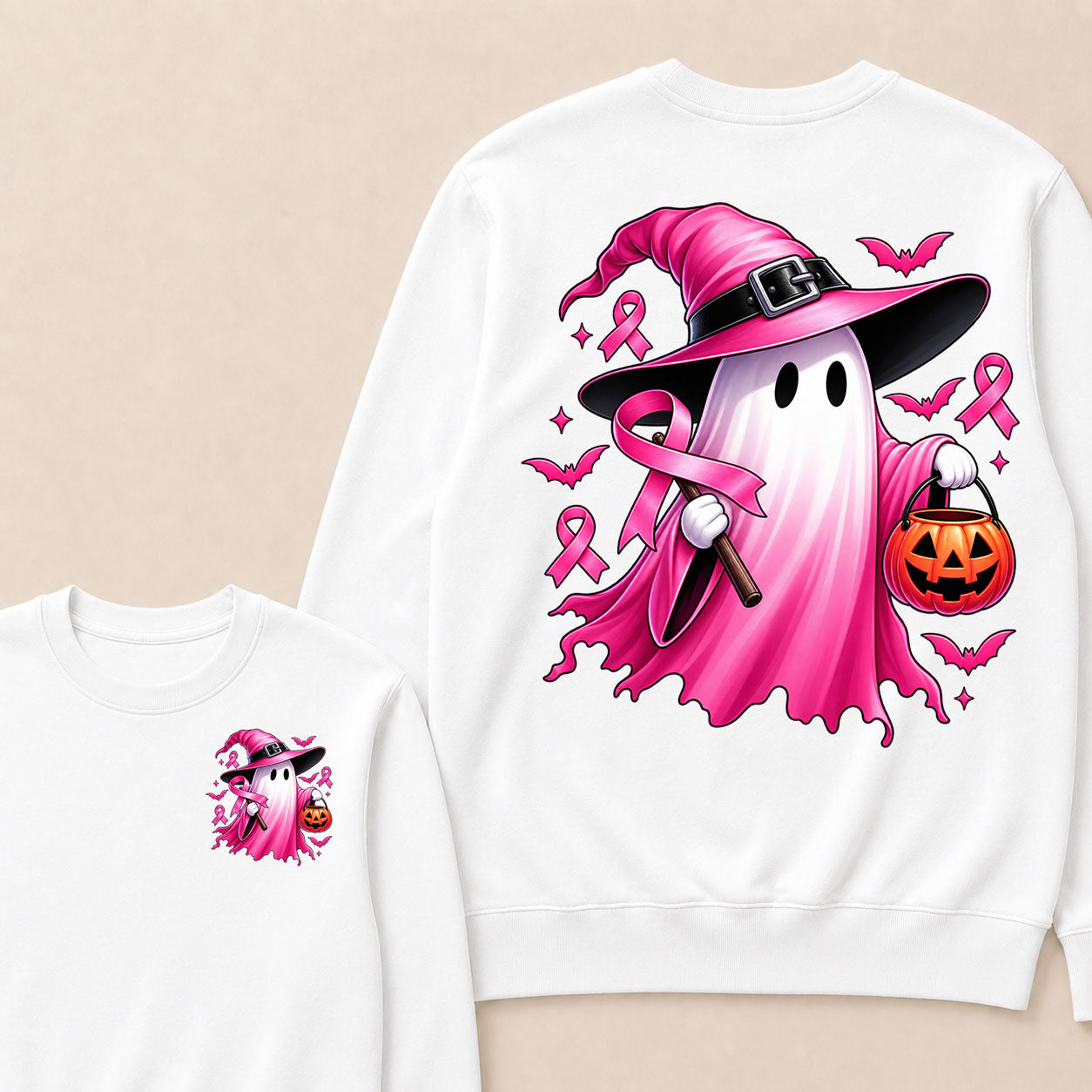 In October We Wear Pink Halloween Ghost Breast Cancer Awareness  Sweatshirt