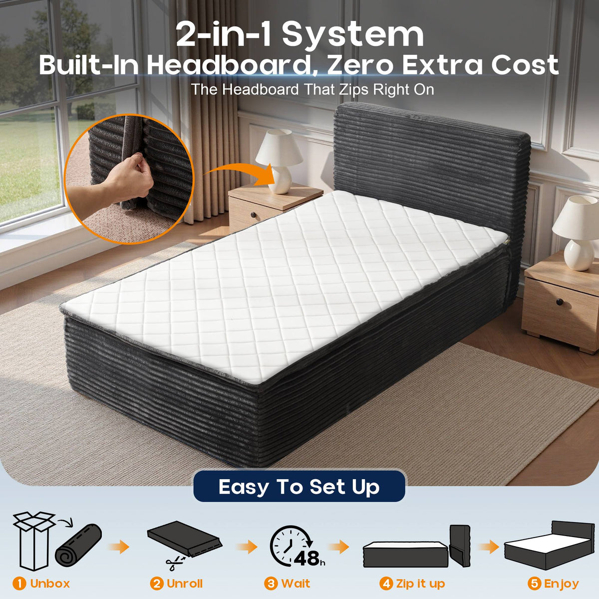 OVIOS Upholstered Boneless Bed No Frame Bed Mattress Combo with Foam and Spring Support No Assembly Required