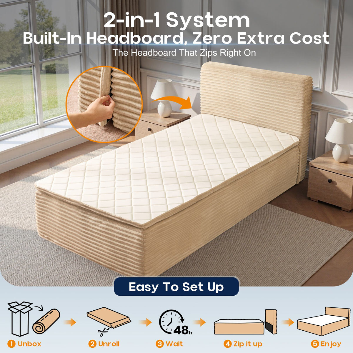 OVIOS Upholstered Boneless Bed No Frame Bed Mattress Combo with Foam and Spring Support No Assembly Required