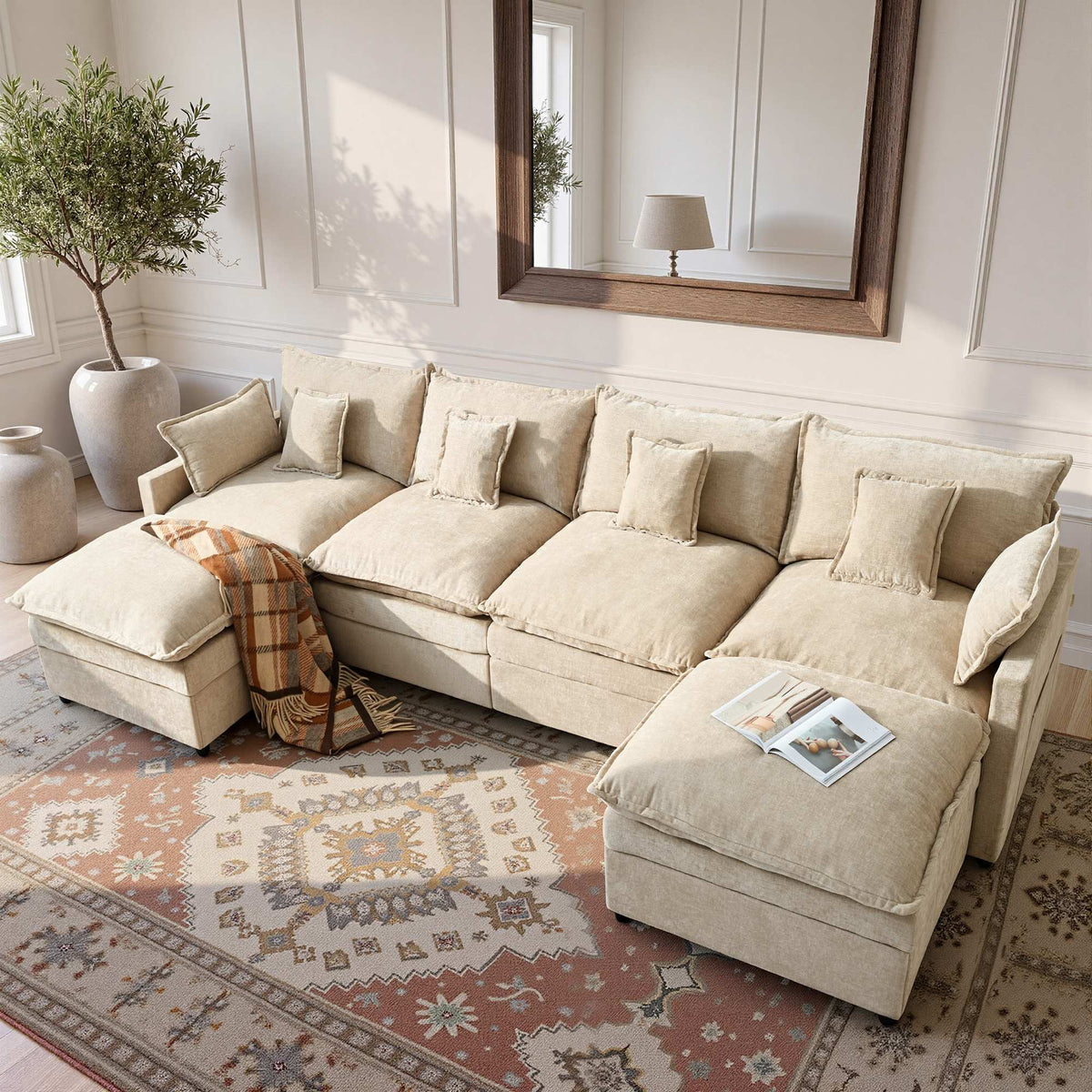OVIOS U-Shaped Modular Sectional Sofa, Cloud Couch with 2 Ottomans, Deep Seat Chenille Sofa for Living Room