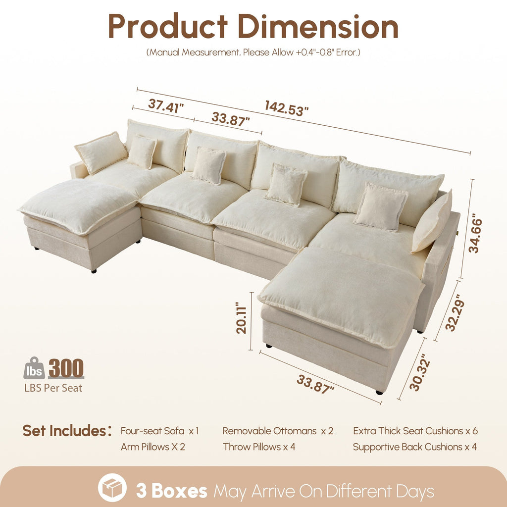 OVIOS U-Shaped Modular Sectional Sofa, Cloud Couch with 2 Ottomans, Deep Seat Chenille Sofa for Living Room