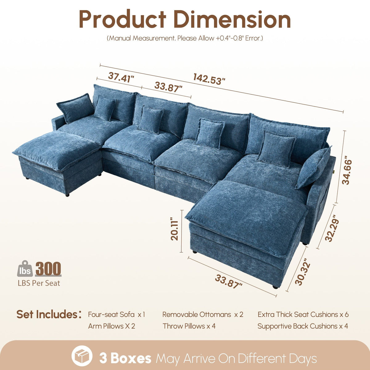 OVIOS U-Shaped Modular Sectional Sofa, Cloud Couch with 2 Ottomans, Deep Seat Chenille Sofa for Living Room