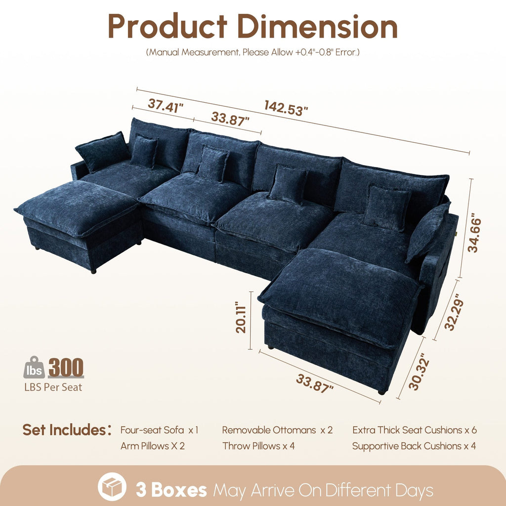 OVIOS U-Shaped Modular Sectional Sofa, Cloud Couch with 2 Ottomans, Deep Seat Chenille Sofa for Living Room