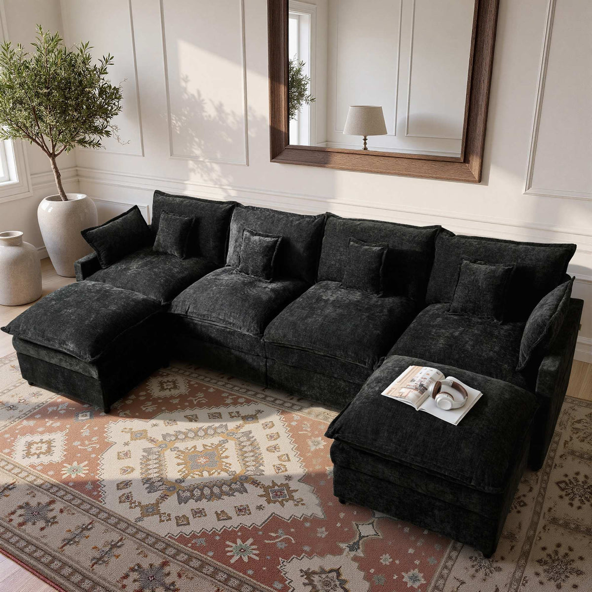 OVIOS U-Shaped Modular Sectional Sofa, Cloud Couch with 2 Ottomans, Deep Seat Chenille Sofa for Living Room