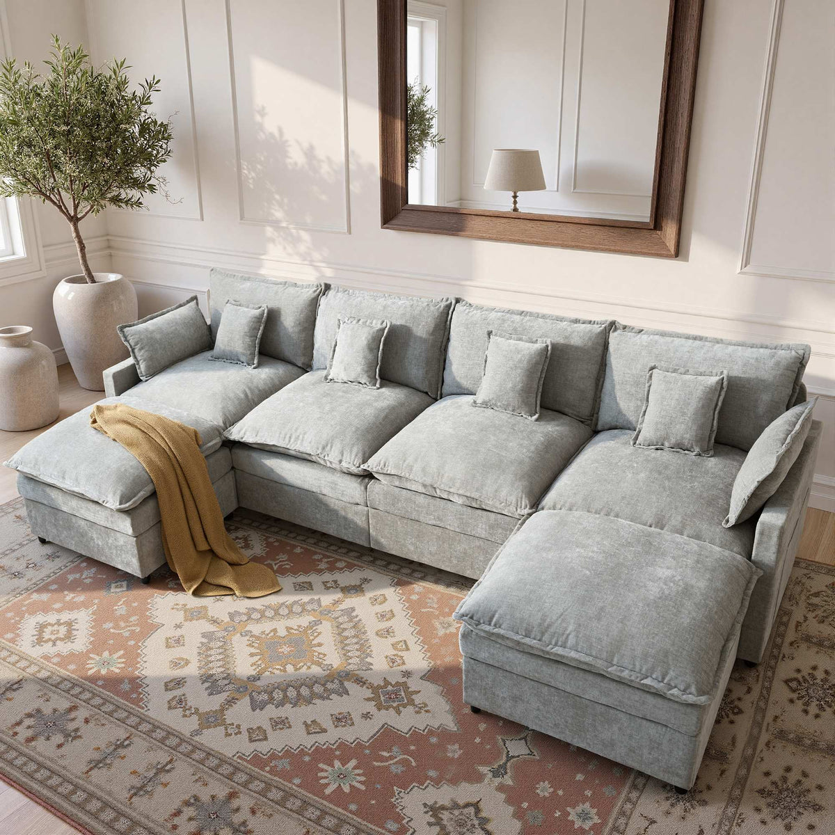 OVIOS U-Shaped Modular Sectional Sofa, Cloud Couch with 2 Ottomans, Deep Seat Chenille Sofa for Living Room