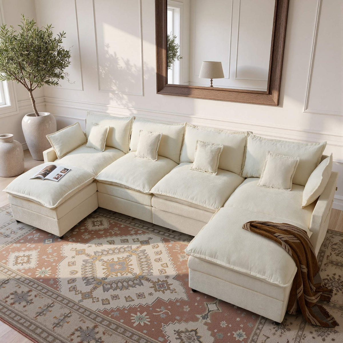 OVIOS U-Shaped Modular Sectional Sofa, Cloud Couch with 2 Ottomans, Deep Seat Chenille Sofa for Living Room