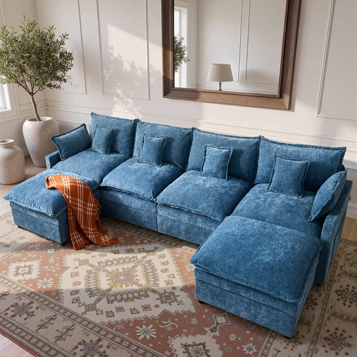 OVIOS U-Shaped Modular Sectional Sofa, Cloud Couch with 2 Ottomans, Deep Seat Chenille Sofa for Living Room