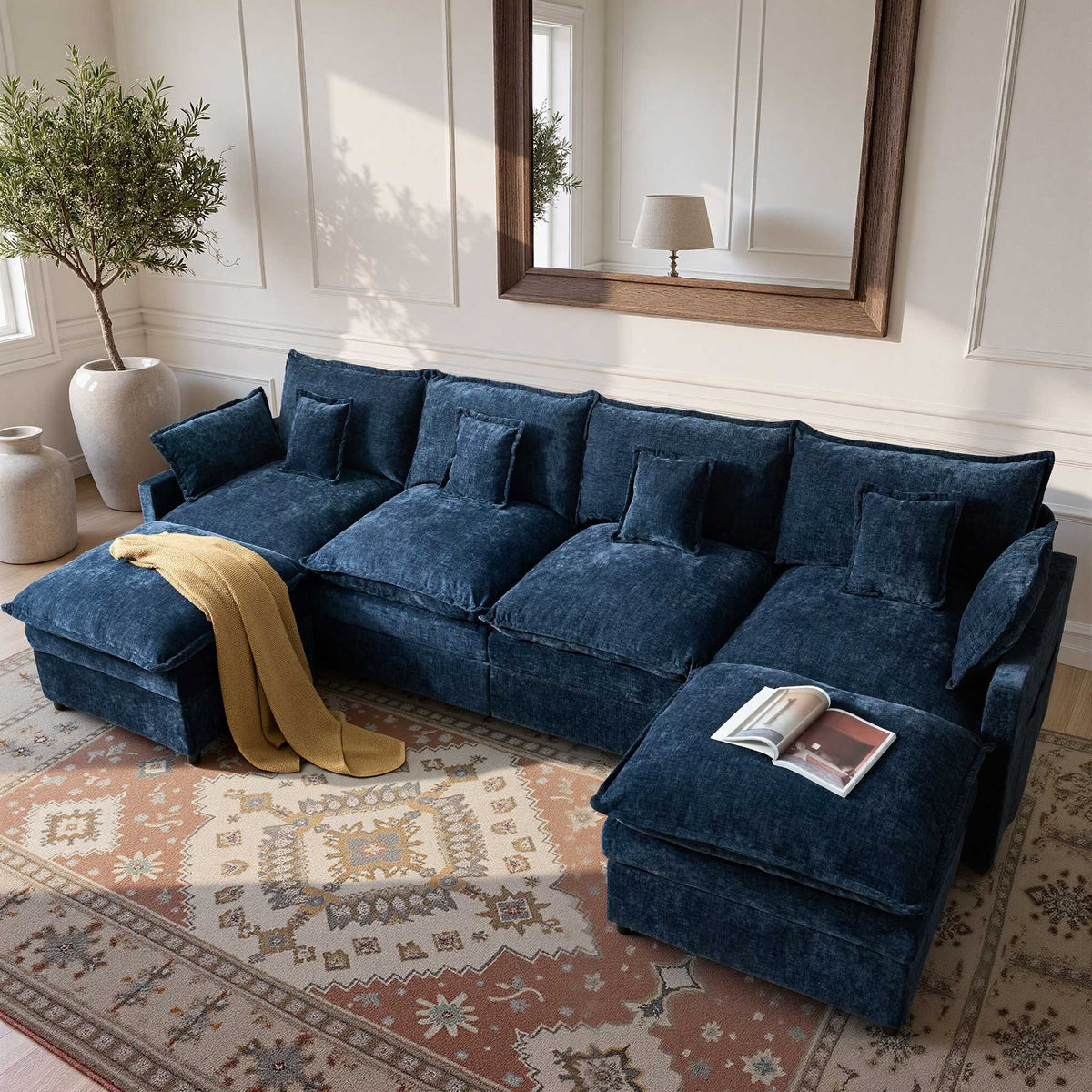 OVIOS U-Shaped Modular Sectional Sofa, Cloud Couch with 2 Ottomans, Deep Seat Chenille Sofa for Living Room