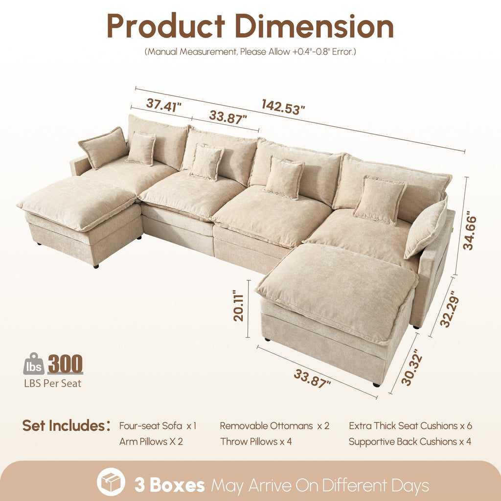 OVIOS U-Shaped Modular Sectional Sofa, Cloud Couch with 2 Ottomans, Deep Seat Chenille Sofa for Living Room