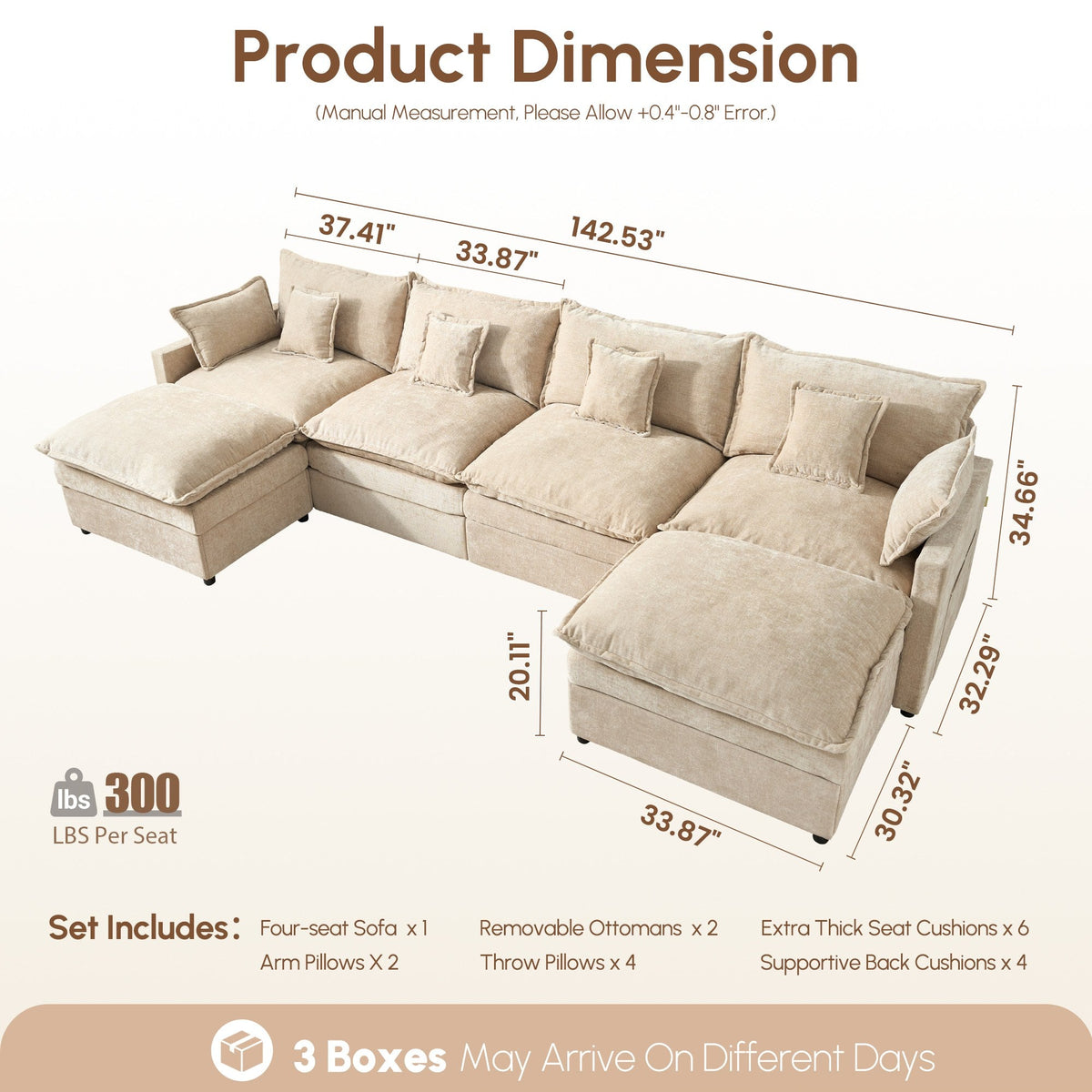 OVIOS U-Shaped Modular Sectional Sofa, Cloud Couch with 2 Ottomans, Deep Seat Chenille Sofa for Living Room