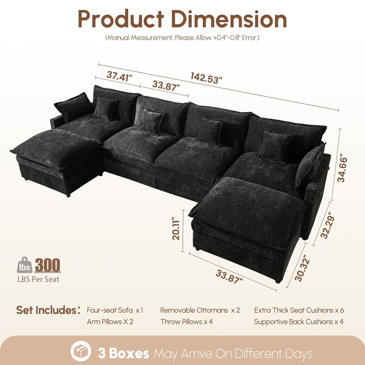 OVIOS U-Shaped Modular Sectional Sofa, Cloud Couch with 2 Ottomans, Deep Seat Chenille Sofa for Living Room