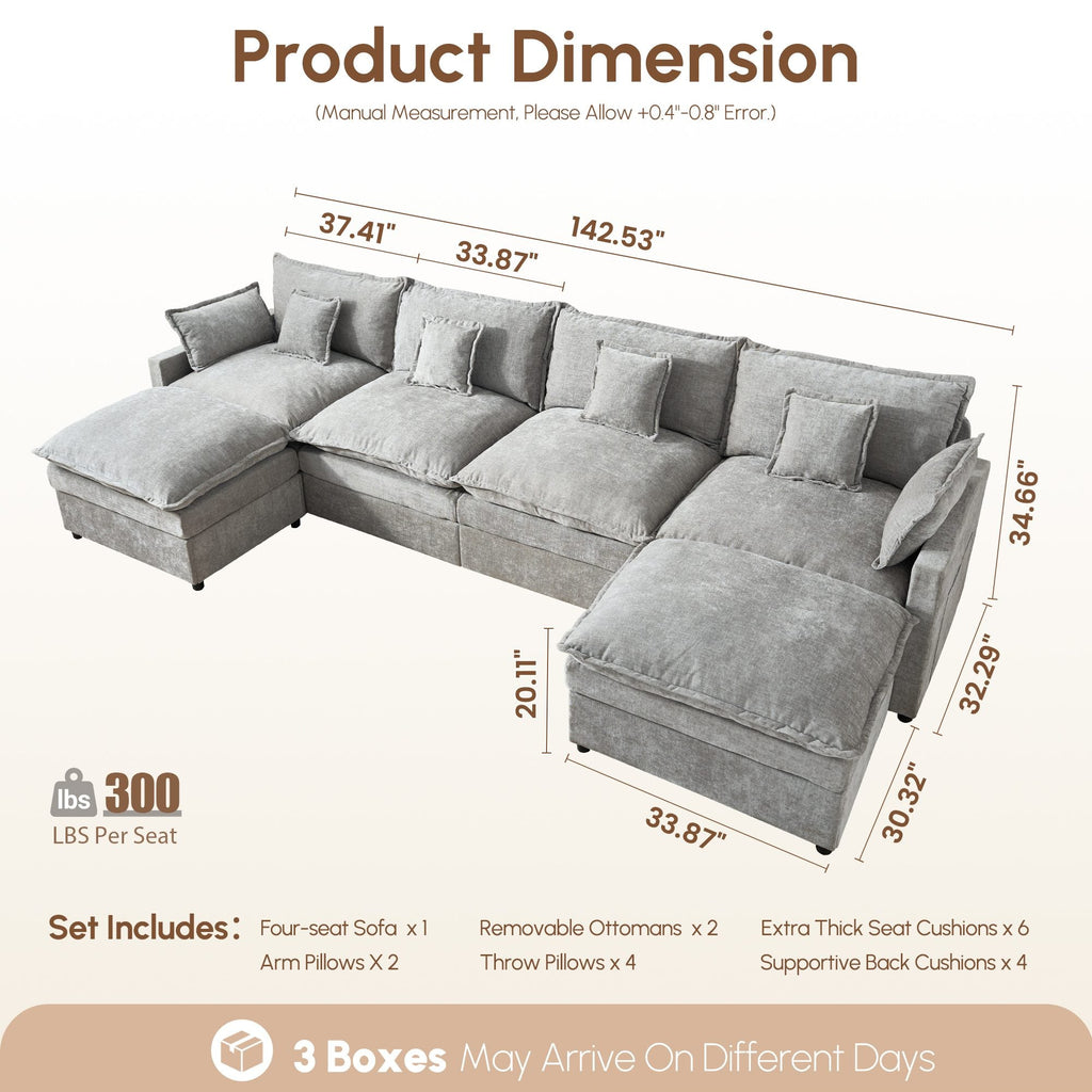 OVIOS U-Shaped Modular Sectional Sofa, Cloud Couch with 2 Ottomans, Deep Seat Chenille Sofa for Living Room