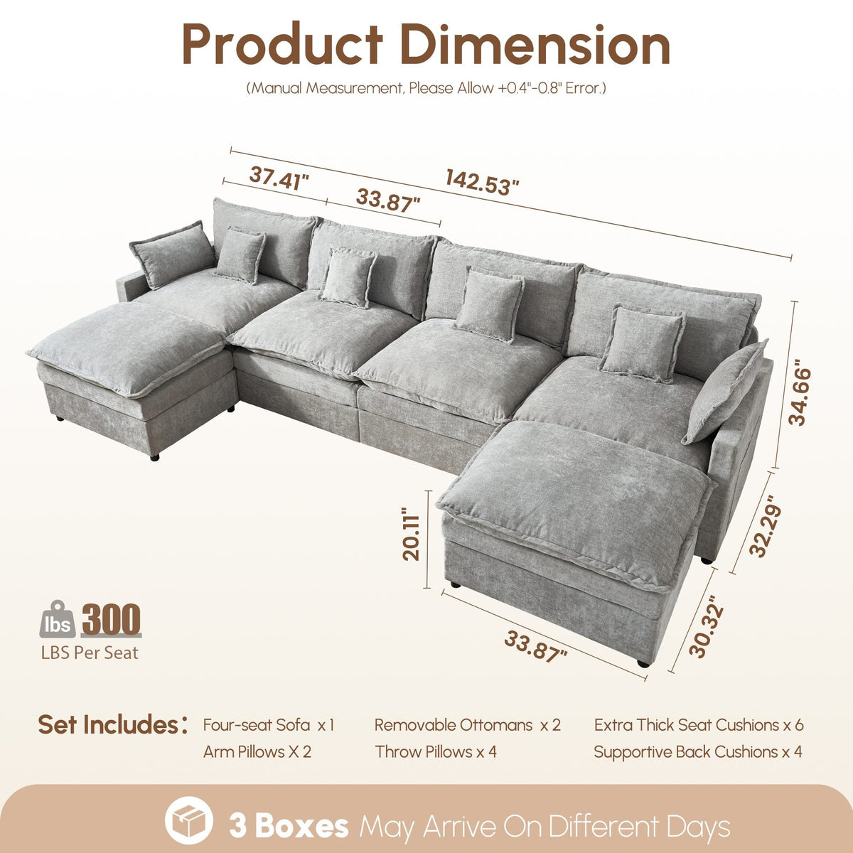 OVIOS U-Shaped Modular Sectional Sofa, Cloud Couch with 2 Ottomans, Deep Seat Chenille Sofa for Living Room