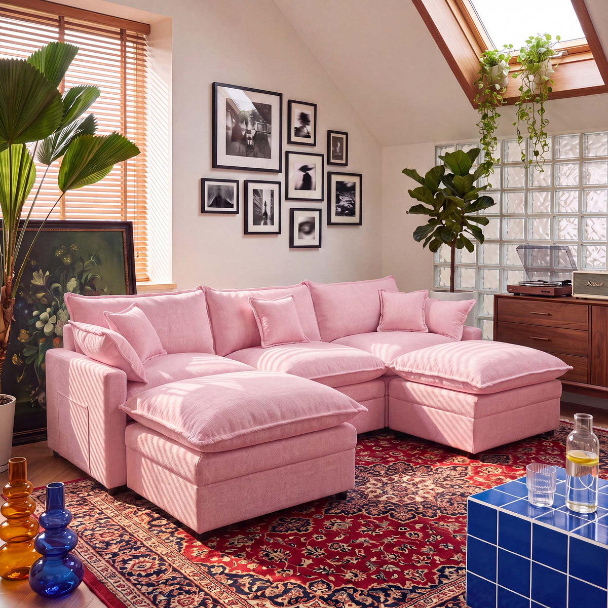 OVIOS U-Shaped Modular Sectional Sofa, Cloud Couch with 2 Ottomans, Deep Seat Chenille Sofa for Living Room