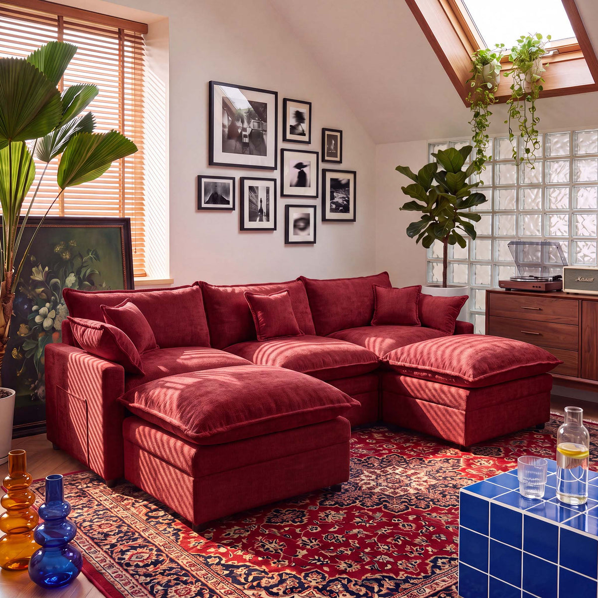 OVIOS U-Shaped Modular Sectional Sofa, Cloud Couch with 2 Ottomans, Deep Seat Chenille Sofa for Living Room