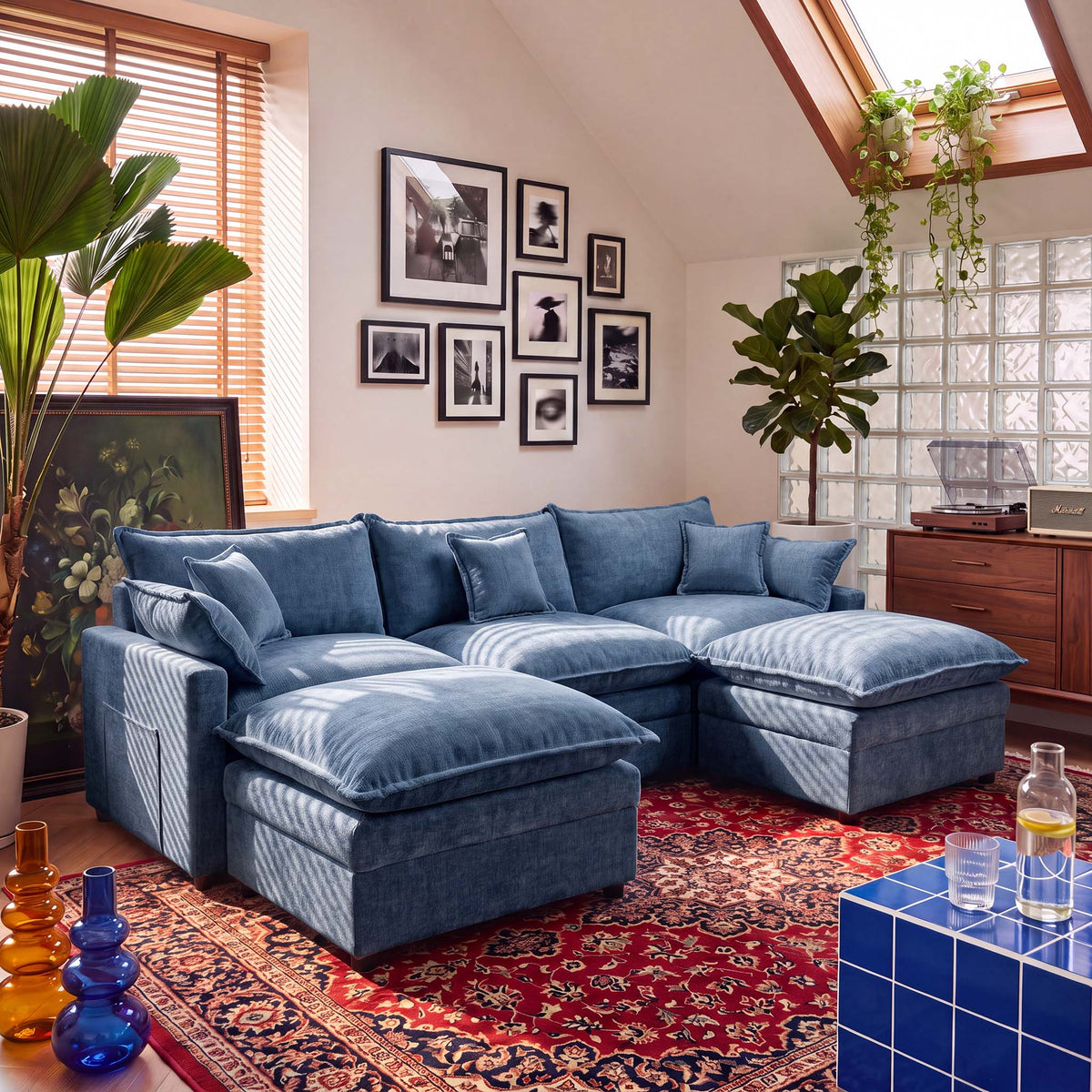 OVIOS U-Shaped Modular Sectional Sofa, Cloud Couch with 2 Ottomans, Deep Seat Chenille Sofa for Living Room