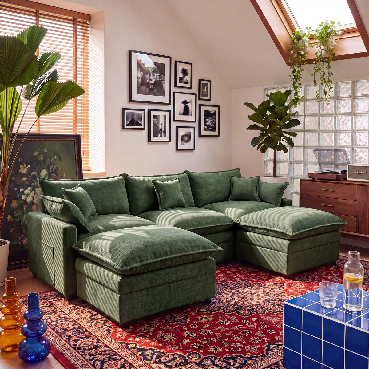 OVIOS U-Shaped Modular Sectional Sofa, Cloud Couch with 2 Ottomans, Deep Seat Chenille Sofa for Living Room