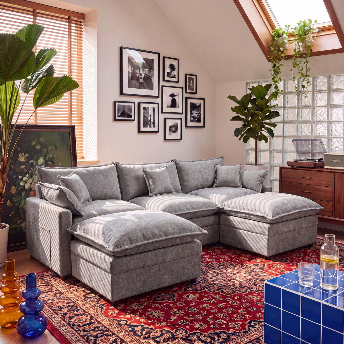 OVIOS U-Shaped Modular Sectional Sofa, Cloud Couch with 2 Ottomans, Deep Seat Chenille Sofa for Living Room