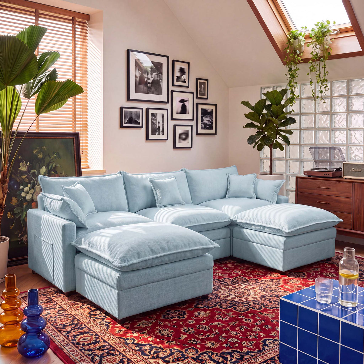 OVIOS U-Shaped Modular Sectional Sofa, Cloud Couch with 2 Ottomans, Deep Seat Chenille Sofa for Living Room