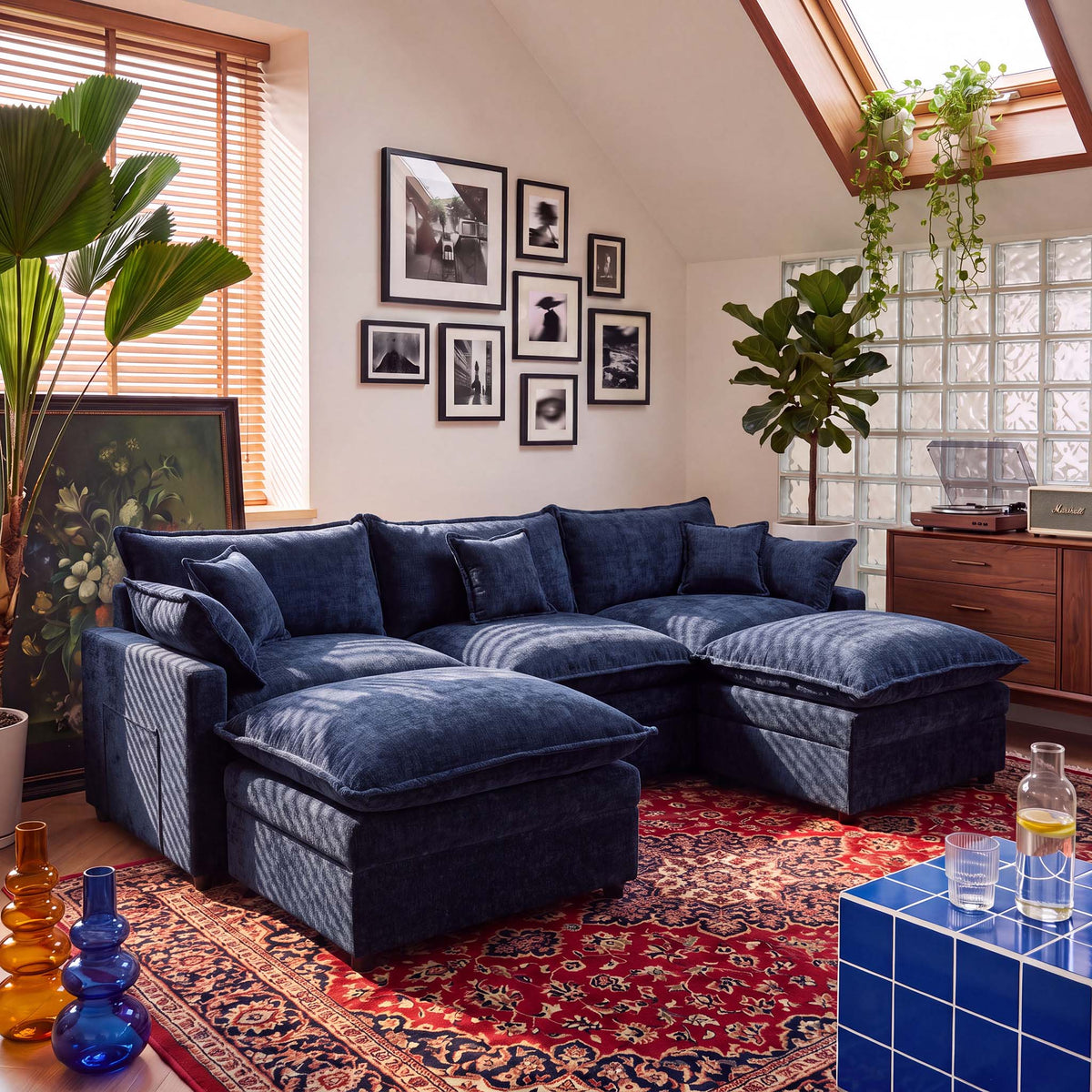 OVIOS U-Shaped Modular Sectional Sofa, Cloud Couch with 2 Ottomans, Deep Seat Chenille Sofa for Living Room