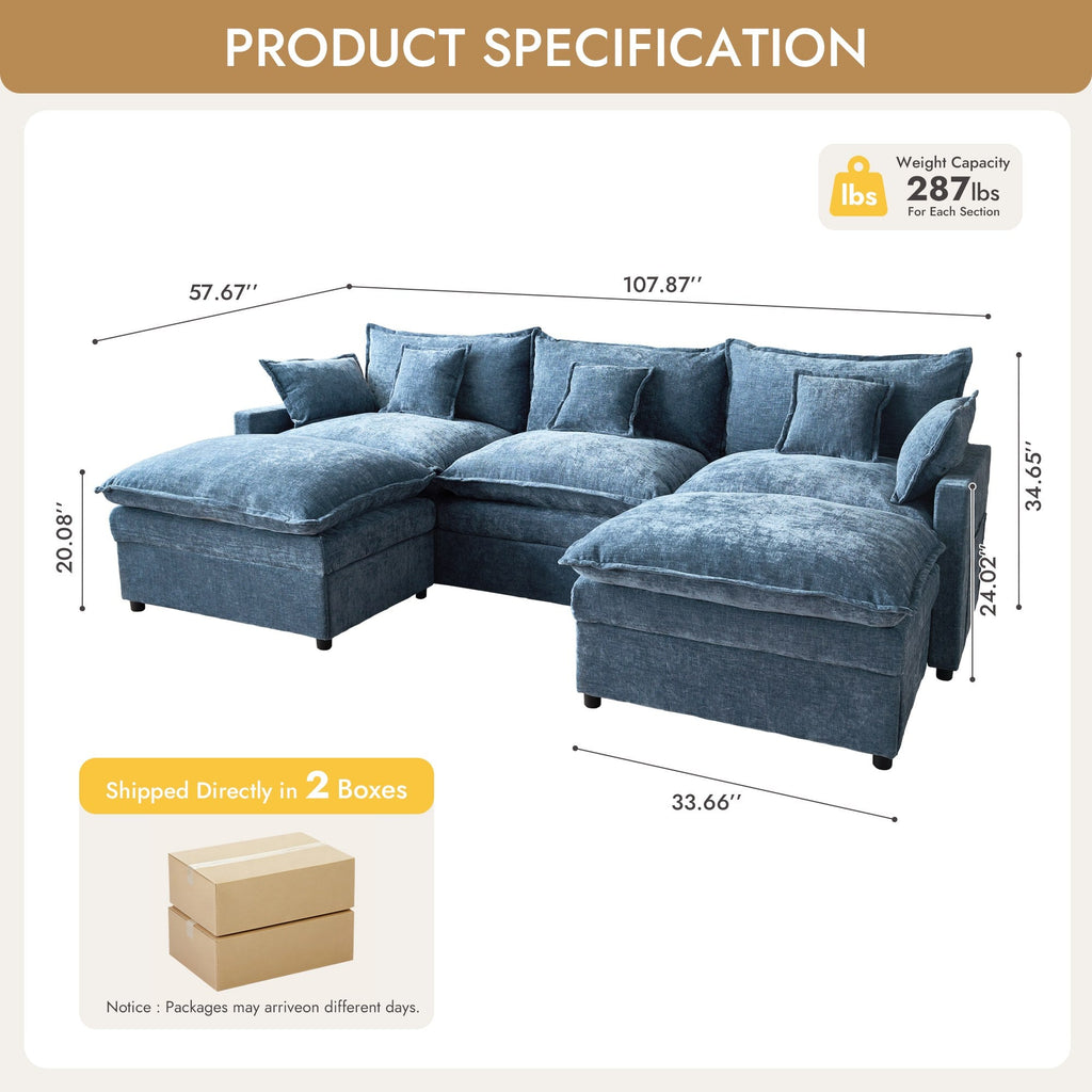 OVIOS U-Shaped Modular Sectional Sofa, Cloud Couch with 2 Ottomans, Deep Seat Chenille Sofa for Living Room