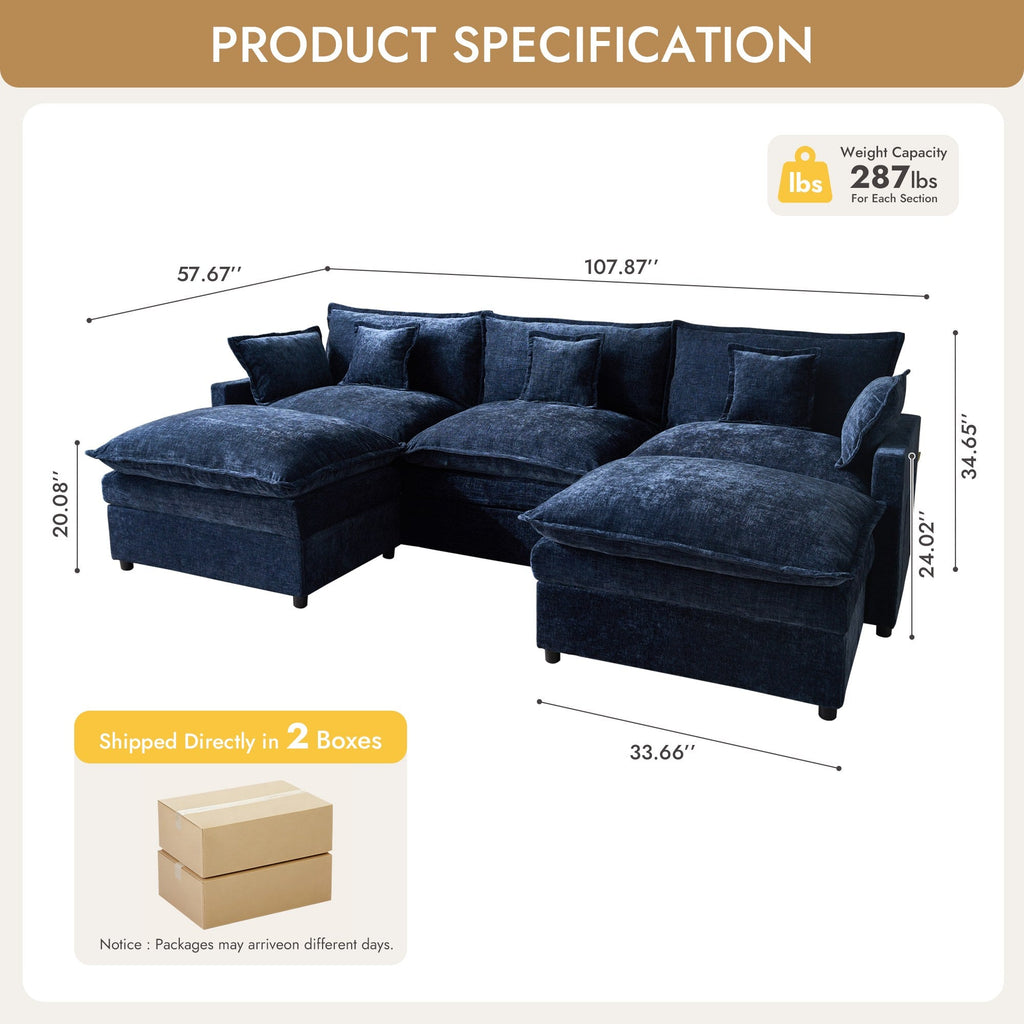 OVIOS U-Shaped Modular Sectional Sofa, Cloud Couch with 2 Ottomans, Deep Seat Chenille Sofa for Living Room