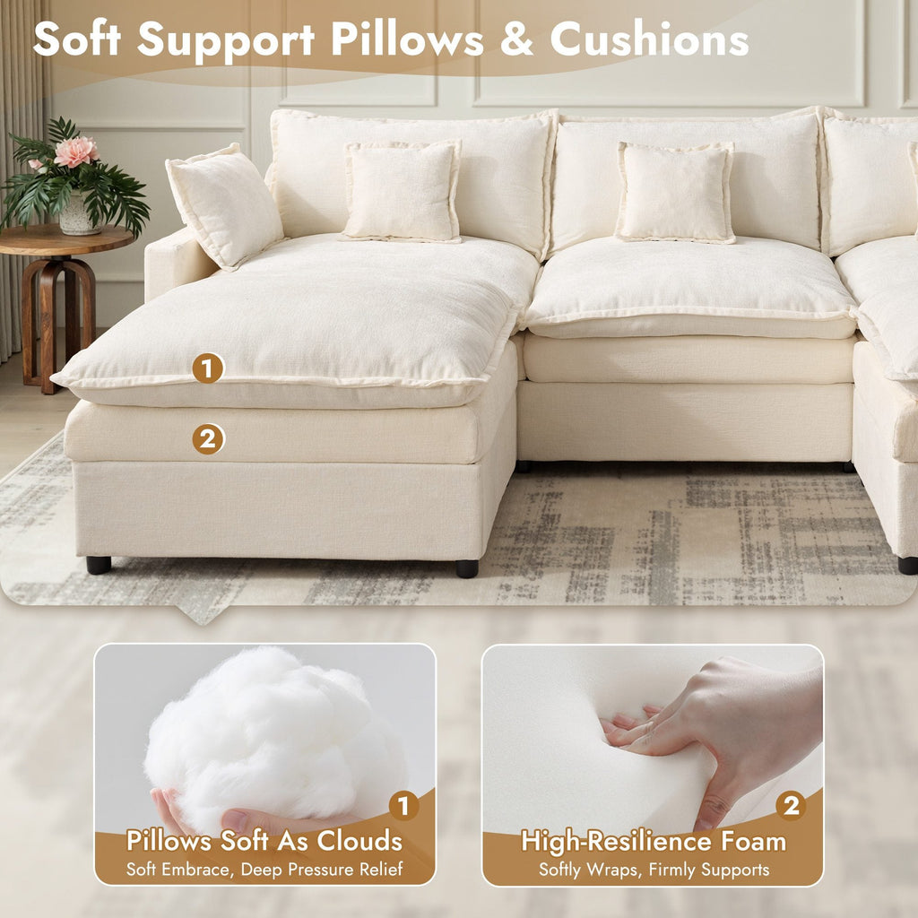 OVIOS U-Shaped Modular Sectional Sofa, Cloud Couch with 2 Ottomans, Deep Seat Chenille Sofa for Living Room