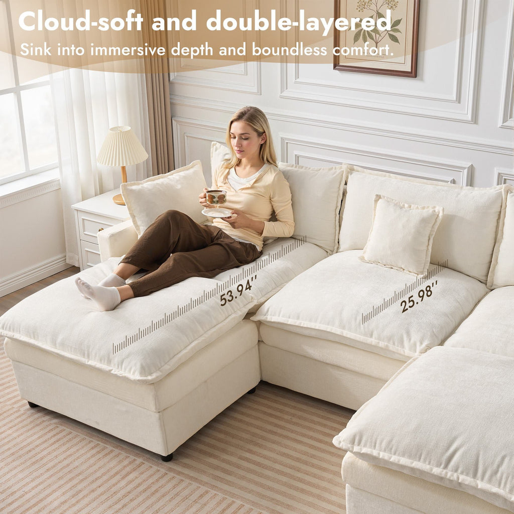 OVIOS U-Shaped Modular Sectional Sofa, Cloud Couch with 2 Ottomans, Deep Seat Chenille Sofa for Living Room