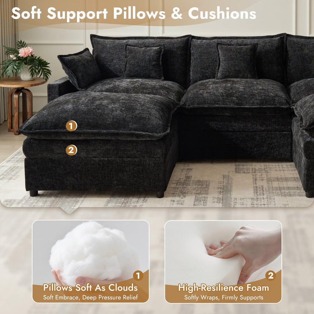 OVIOS U-Shaped Modular Sectional Sofa, Cloud Couch with 2 Ottomans, Deep Seat Chenille Sofa for Living Room