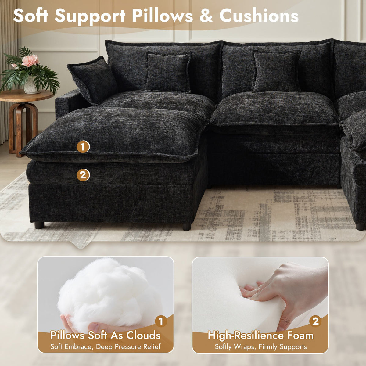 OVIOS U-Shaped Modular Sectional Sofa, Cloud Couch with 2 Ottomans, Deep Seat Chenille Sofa for Living Room