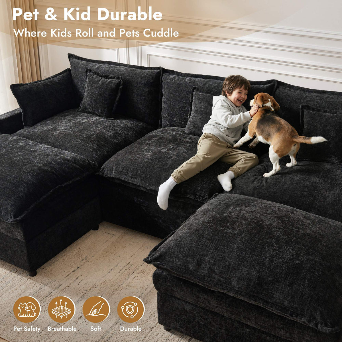 OVIOS U-Shaped Modular Sectional Sofa, Cloud Couch with 2 Ottomans, Deep Seat Chenille Sofa for Living Room